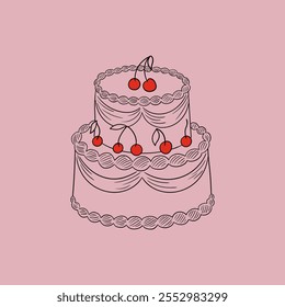 Bolo com cerejas vermelhas. Ilustração vetorial em estilo de esboço antigo. Aniversário de feriado, casamento, clipart dia dos namorados