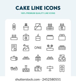 Cake related premium line icon set. Collection of icons such as birthday cake, candles, and more. Editable Stroke.