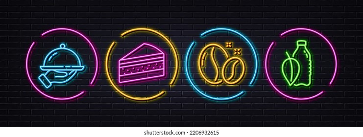 Cake, Restaurant Food And Coffee Beans Minimal Line Icons. Neon Laser 3d Lights. Water Bottle Icons. For Web, Application, Printing. Sweet Cake, Room Service, Roasted Seeds. Mint Leaf Drink. Vector