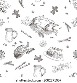 Cake, roast turkey, eggnog, ham, chicken, gingerbread cookies, stollen, pudding, grog, pie, ham. Christmas dinner, food. Vector hand drawn illustration. Seamless pattern.