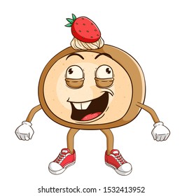 Cake roll cartoon character with funny stupid or crazy expression