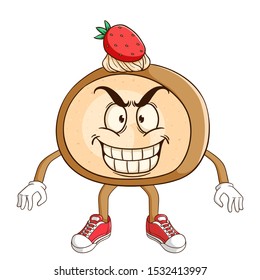 Cake roll cartoon character with funny evil smile expression