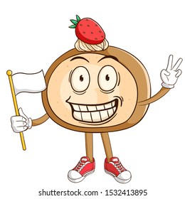 Cake roll cartoon character holding a white flag with peace hand sign and funny smile face