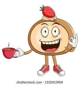 Cake roll cartoon character holding a cup of coffee with ok hand sign and funny smile face