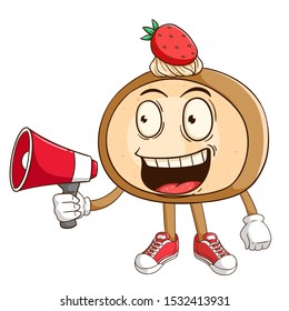 Cake roll cartoon character holding megaphone with funny smile face