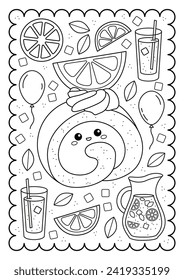 Cake roll. Citrus roll. Kawaii characters. Sweets, dessert. Cute coloring page for kids and adults, black and white vector illustration.