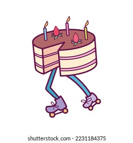 Cake with roller skate vector illustration isolated on plain white background. Running birthday cake with roller skates shoes drawing. Cartoon styled flat art pictogram with clean lines and colors.