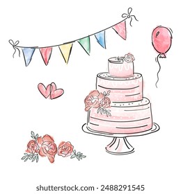 cake, roses, festive flags, balloon, hearts. Set modern hand drawn, doodle style colored watercolor. Vector drawing isolated on white background. Design greeting, wedding card, sticker
