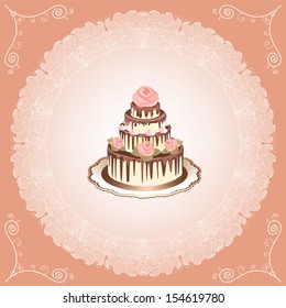 Cake with roses on lace background. Wedding Invitation
