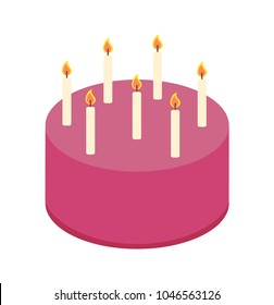 Cake of rounded shape with candles of pink color, Birthday cake, bakery for Birthday, poster with delicious food, isolated on vector illustration