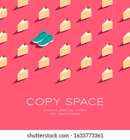 Cake with running shoes 3D isometric pattern, Bakery healthy diet or lose weight concept poster and social banner square post design illustration isolated on pink background with space, vector
