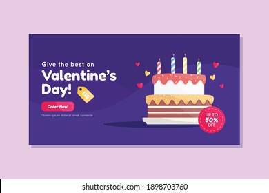 Cake sale banner design for valentine's day celebration. Features a cute cake vector design in a flat design style.