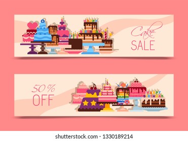 Cake sale banners vector illustration. Chocolate and fruity desserts for sweet shop with fresh and tasty cupcakes, cakes, pudding, biscuits, whipped cream, glaze and sprinkles.