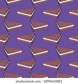 Sándwich de pasteles, patrón sin costura sobre fondo morado oscuro.