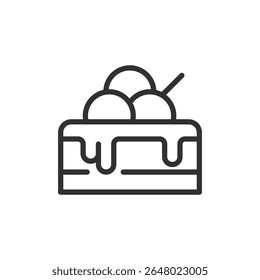 Cake with scoops and sauce, linear icon. Ice cream dessert with toppings. Line with editable stroke.