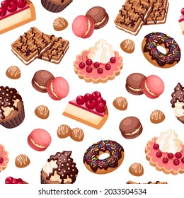 Cake seamless pattern. Gourmet food, donut cream cakes print. Holiday bakery background, candy shop or cafe kitchen textile garish vector texture