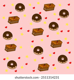 Cake seamless vector pattern. Donut, love, star, brownies. full color pink background. birthday, wrap bread, gift, business. Anniversary celebration, funny background