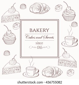 Cake set. Cakes, candy and other sweets. Hand drawn illustration