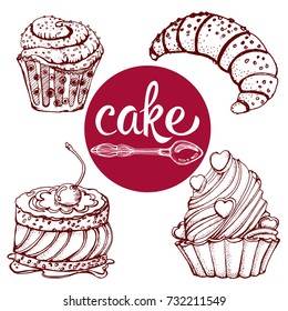 cake set, engraving, vector, isolated on white background, hand drawing