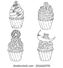 Cake set graphic sweet food sketch black white illustration vector