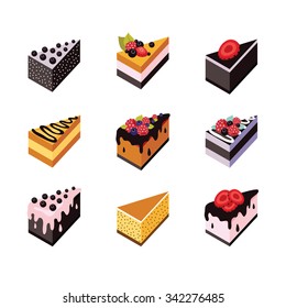 Cake set Isometric flat design web icon collection Delicious dessert