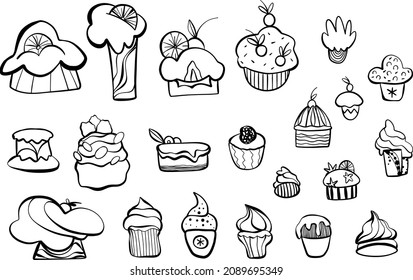 cake set vector line, birthday, wedding, strawberry and chocolate cakes collection, isolated on white background.