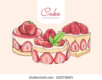 Cake set vector, strawberry cake illustration