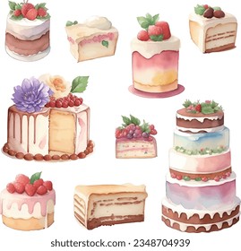 Cake set. Watercolor hand drawn illustration isolated on white background