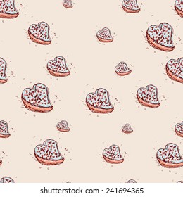 Cake in the shape of heart Hand drawn sketch on pink background. seamless pattern vector