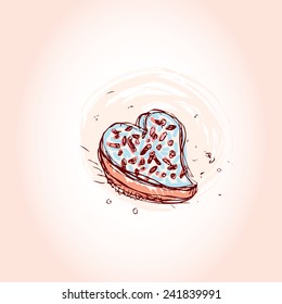Cake in the shape of heart Hand drawn sketch on pink background. vector