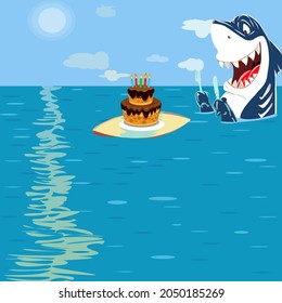 Cake. Shark eats birthday cake.
