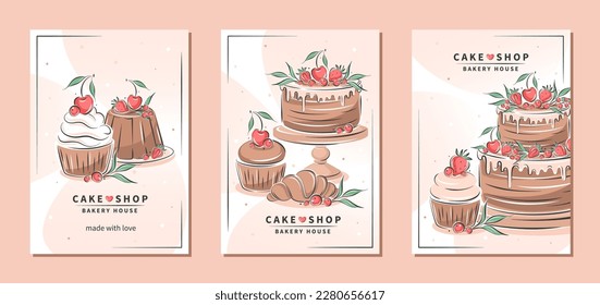 Cake shop, bakery house. Set of design sample flyers for pastry and bread shop, cooking, dessert, sweet products. Vector illustration for poster A4, banner, menu, advertising.