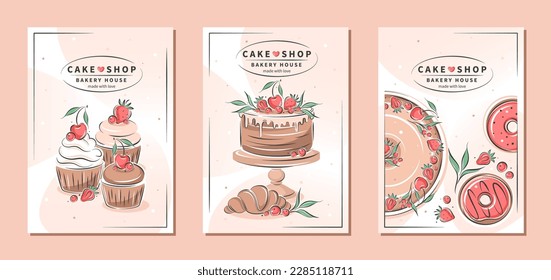 Cake shop, bakery house. Set of design sample flyers for pastry and bread shop, cooking, dessert, sweet products. Vector illustration for poster A4, banner, menu, advertising.