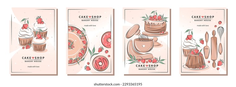 Cake shop, bakery house. Set of design sample flyers for pastry and bread shop, cooking, dessert, sweet products. Vector illustration for poster A4, banner, menu, advertising.