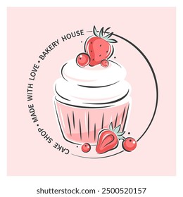 Cake shop or bakery logo. Сake or cupcake and berries. Vector illustration for menu, recipe book, baking shop.