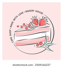 Cake shop or bakery logo. Cake or cupcake and berries. Vector illustration for menu, recipe book, baking shop.