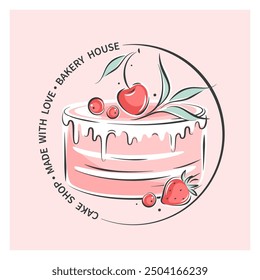 Cake shop or bakery logo. Cake or cupcake and berries. Vector illustration for menu, recipe book, baking shop.