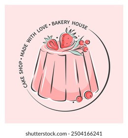 Cake shop or bakery logo. Cake or cupcake and berries. Vector illustration for menu, recipe book, baking shop.