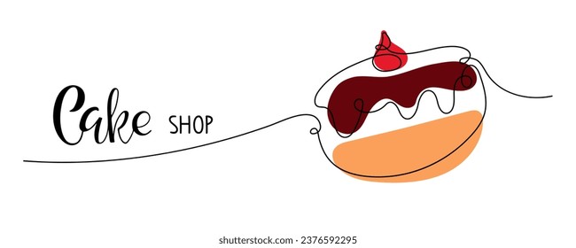 Cake shop banner. Continuous one line drawing doughnut with handwritten calligraphy lettering. Design for baking, bakery shop, cooking, sweet products, dessert, pastry. Pastry donut with jam