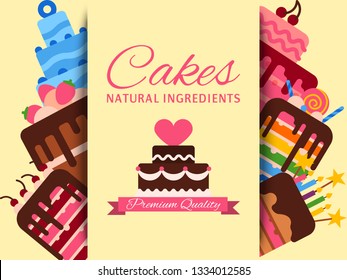 Cake shop banner vector illustration. Cakes natural ingredients. Premium quality. Chocolate and fruity desserts for cake shop with cupcakes, cakes, pudding, biscuits, whipped cream.