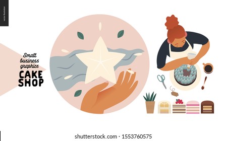 Cake shop, cakes on demand - small business graphics - concept icon -modern flat vector concept illustrations - a round badge with a star, a cake maker cooking, creation process set