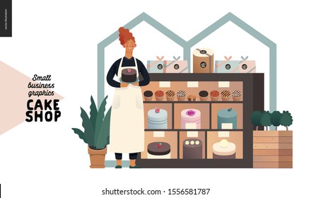 Cake Shop, Cakes On Demand - Small Business Graphics - Owner At The Display -modern Flat Vector Concept Illustrations - A Baker At The Display With A Range Of Cakes, Pastries, Tarts And Cupcakes