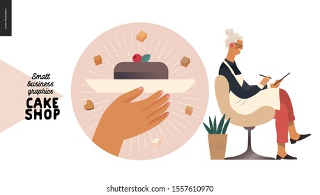 Taller de pastelería, pasteles a la carta - gráficos de pequeñas empresas - icono del blog - modernas ilustraciones de concepto de vector plano - una insignia redonda con un trozo de pastel, el dueño usando un delantal aceptando el pedido rellenando el formulario