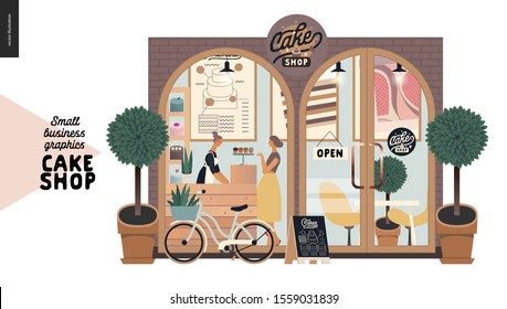 Cake Shop, Cakes On Demand - Small Business Graphics - Facade -modern Flat Vector Concept Illustrations - A Shop Front Entrance, Showcase, Shop Interior - Assistant At The Counter, Buyer