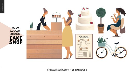 Cake shop, cakes on demand - small business graphics - baker and customer -modern flat vector concept illustrations -a seller and the buyer at the counter, woman eating a cake, bicycle, poster, plant