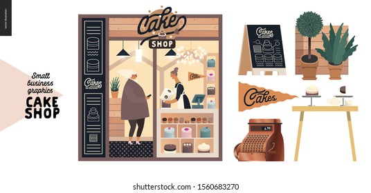 Tienda de pasteles, pasteles a petición - gráficos para pequeñas empresas - fachada - modernas ilustraciones de concepto de vector plano - un frente de tienda, cliente y vendedor dentro, elementos de tienda - caja registradora vintage, letrero de pavimento