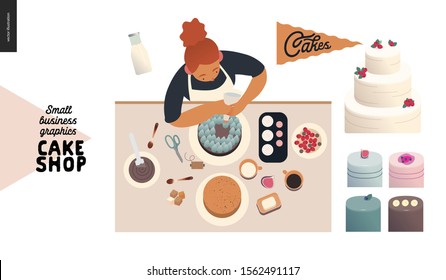 Cake shop, cakes on demand - small business graphics - process -modern flat vector concept illustrations - a cake maker decorating a cake, production process, cakes range set