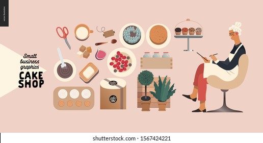 Cake shop, cakes on demand - small business graphics - baker taking order -modern flat vector concept illustrations -a seller filling in the demand form, a range of cakes and shop elements