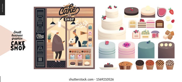 Cake Shop, Cakes On Demand - Small Business Graphics - Facade -modern Flat Vector Concept Illustrations - A Shop Front Entrance, Showcase, Shop Interior - Assistant At The Counter, Buyer. Set Of Cakes