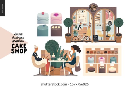 Cake shop, cakes on demand - small business graphics - set -modern flat vector concept illustrations - a seller filling in the demand form a customer sitting in the armchairs, showcase, shop facade